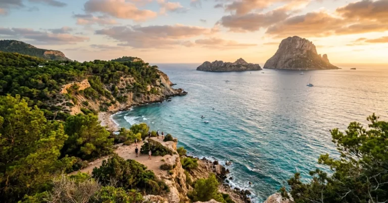 Sant Josep 8 Panoramic view of the coastline in Sant Josep Ibiza overlooking the limestone island of Es Vedra at sunset