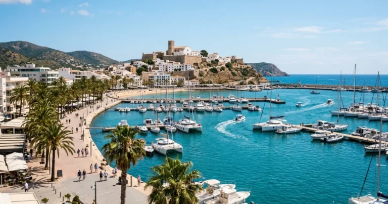 Santa Eularia 2 Panoramic view of Santa Eularia des Riu coastline with marina and Puig de Missa hill in Ibiza