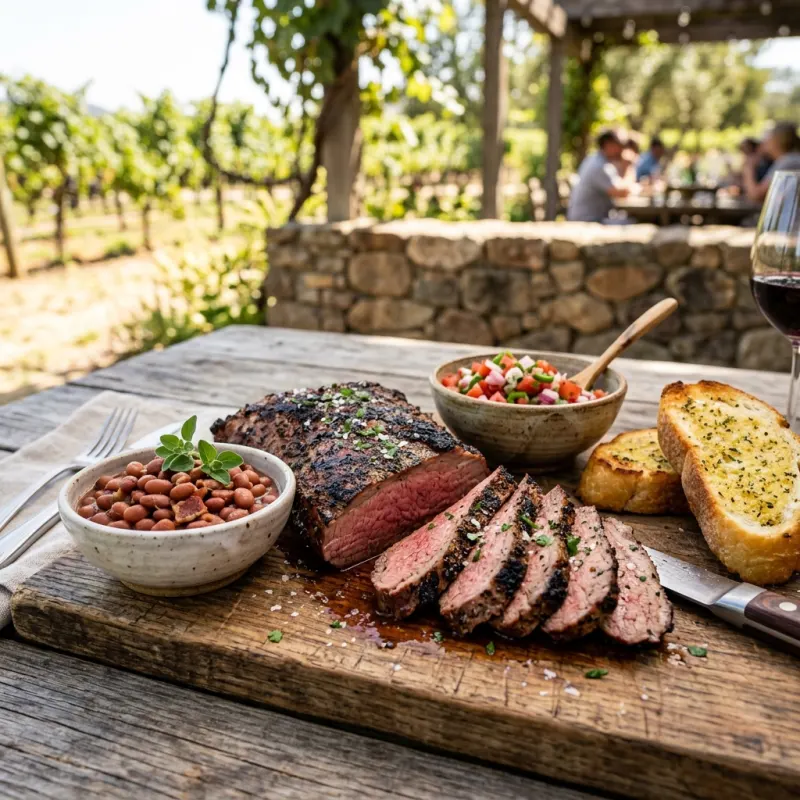 Sliced Santa Maria-style beef tri-tip barbecue served with pinquito beans and grilled French bread