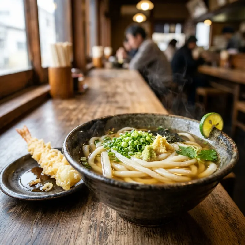 Bowl of fresh Sanuki udon noodles with green onions and tempura on a wooden table