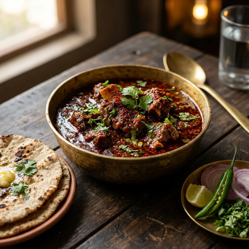 Traditional Vidarbha Saoji mutton curry served with jowar bhakri