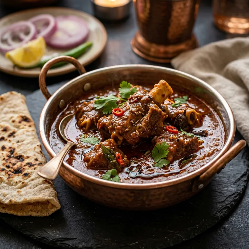 Authentic Saoji mutton curry in copper bowl with jowar bhakri
