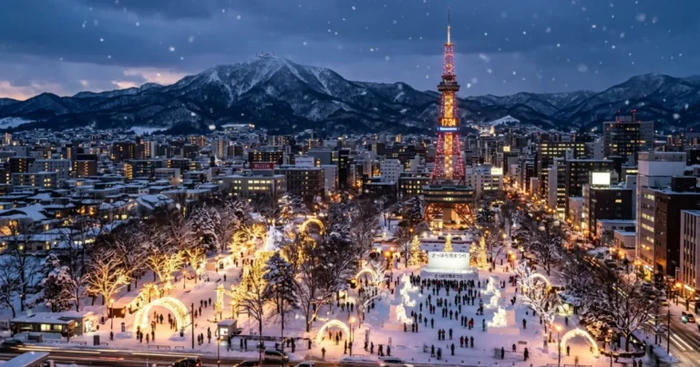 Sapporo 7 Panoramic twilight view of Sapporo featuring illuminated Odori Park and snow-covered mountains