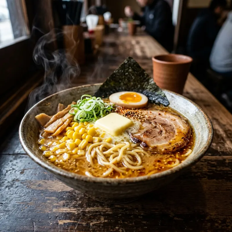 Authentic bowl of Sapporo Miso Ramen with pork belly, butter, and sweet corn