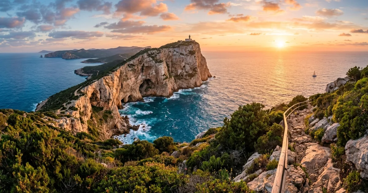 Panoramic view of Capo Caccia cliffs and the Mediterranean sea in Northwest Sardinia