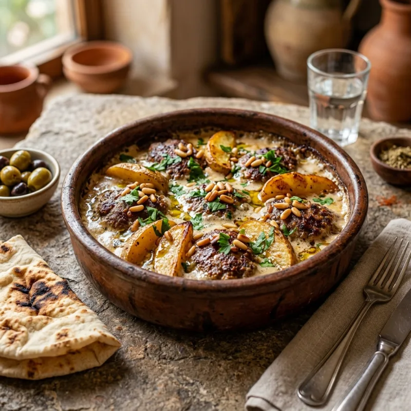 Sawani Kofta baked in a clay dish with tahini sauce and pine nuts in Madaba