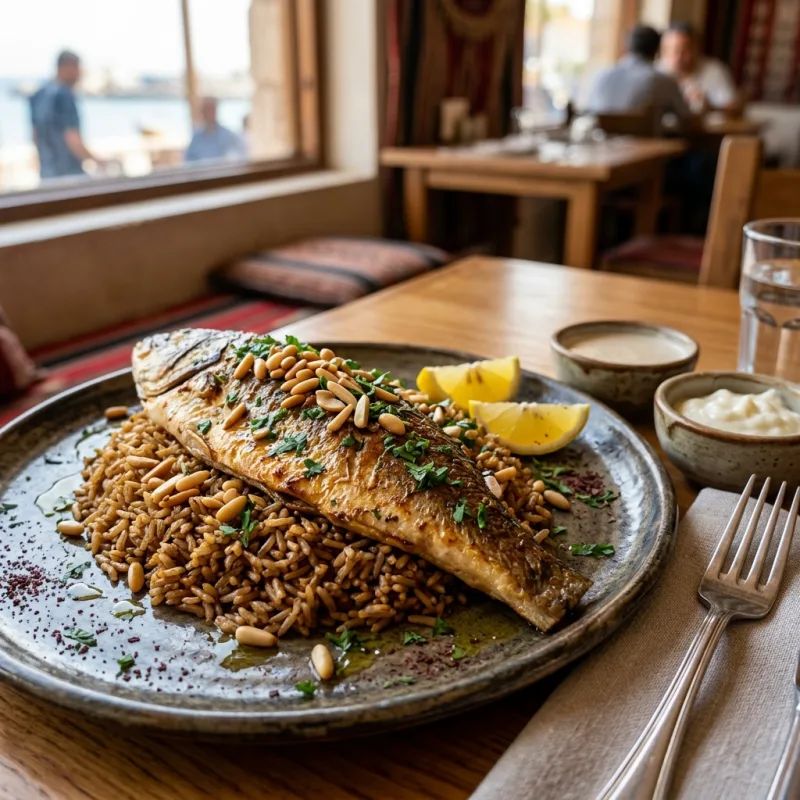 Authentic Jordanian Sayadieh featuring spiced brown rice and fresh Red Sea fish