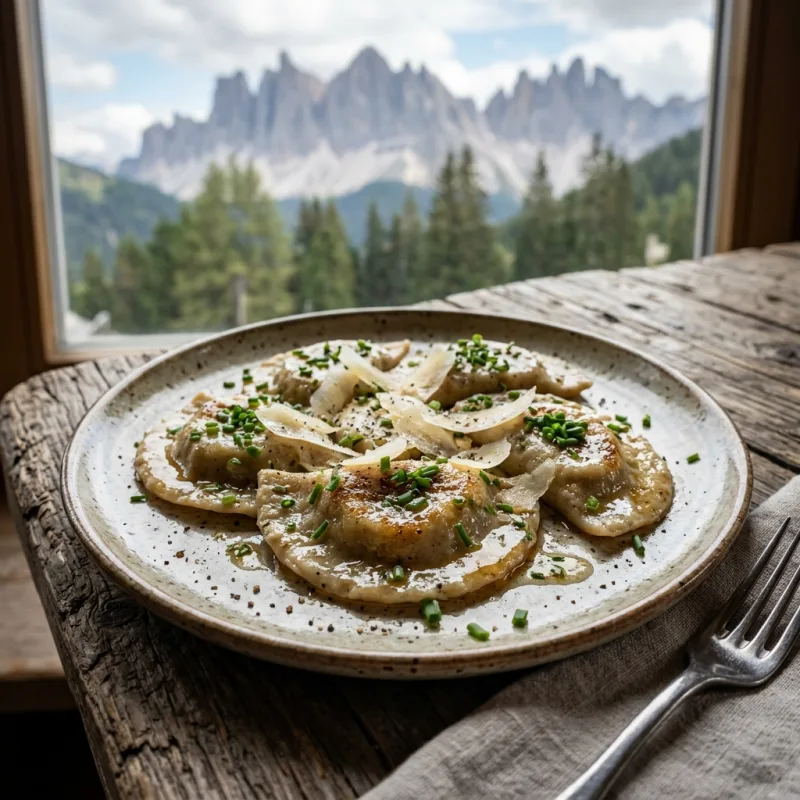 Authentic Schlutzkrapfen pasta with browned alpine butter and chives in Val Gardena
