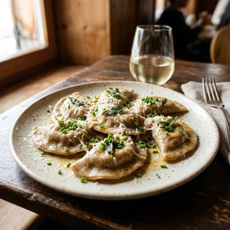 Authentic South Tyrolean Schlutzkrapfen ravioli with melted butter and parmesan