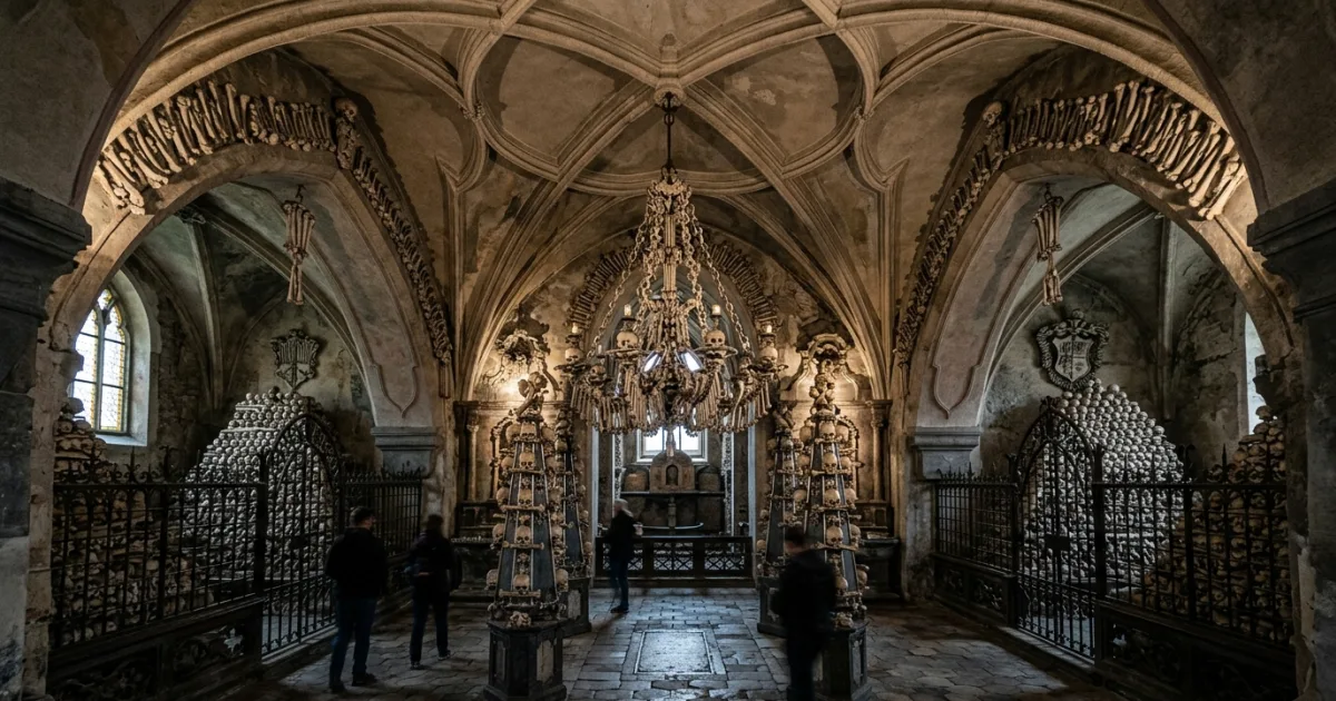 Interior of Sedlec Ossuary showing the chandelier and bone decorations in Kutná Hora