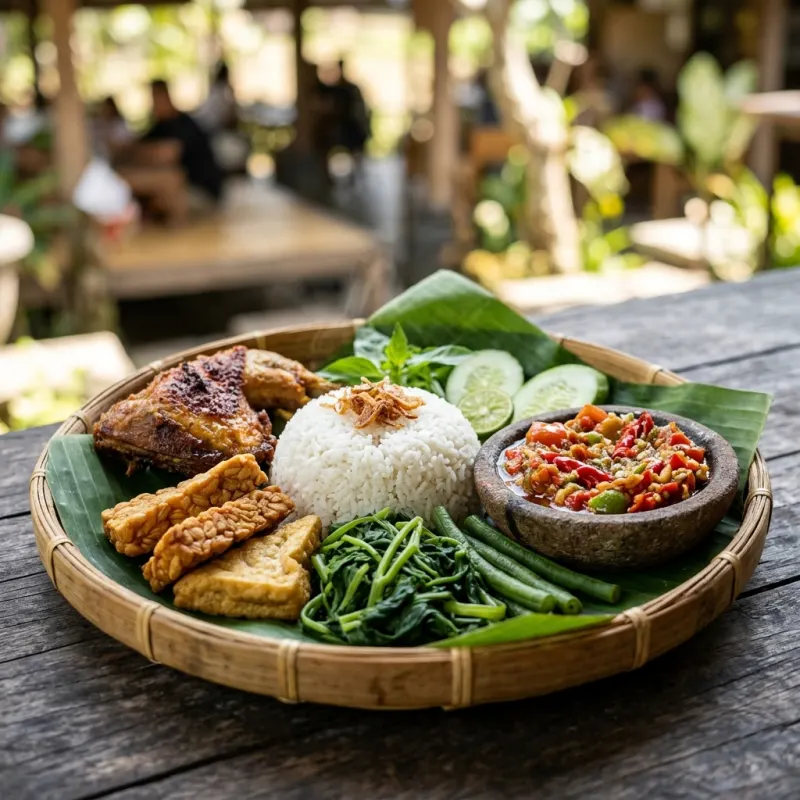 Authentic Sego Tempong dish on banana leaf with fresh sambal and fried tempeh