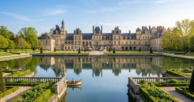 Seine-et-Marne 1 Panoramic view of Château de Fontainebleau reflected in the serene lake waters on a sunny day