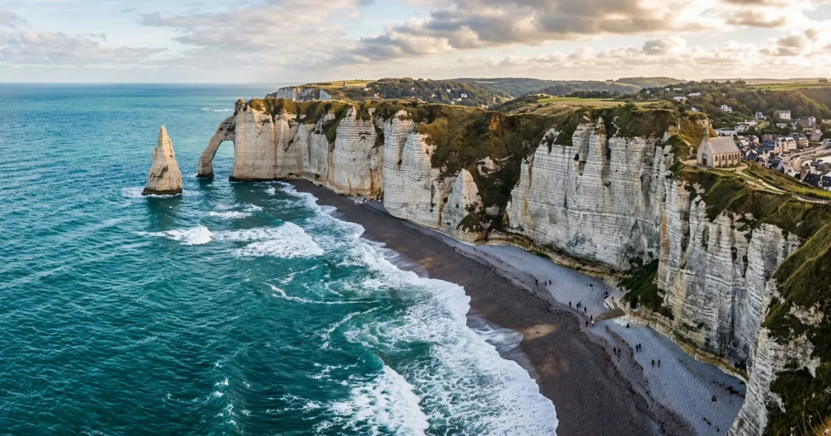 Panoramic view of the white chalk cliffs and sea arch in Seine-Maritime Normandy