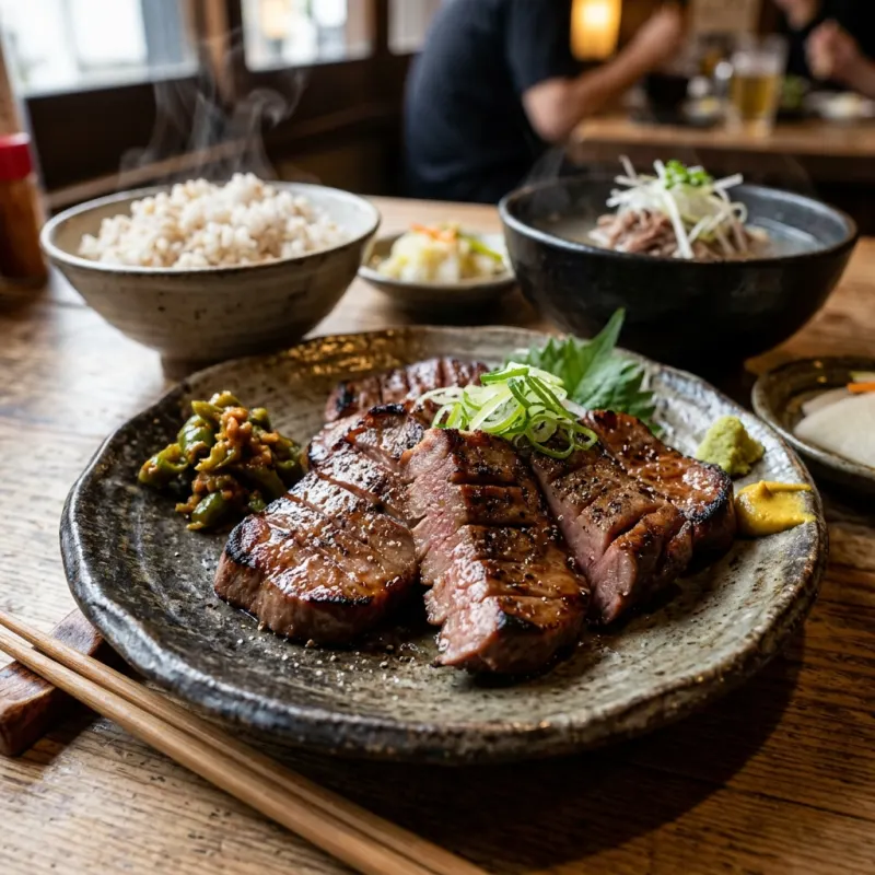 Authentic Sendai gyutan yaki set with grilled beef tongue, barley rice, and oxtail soup