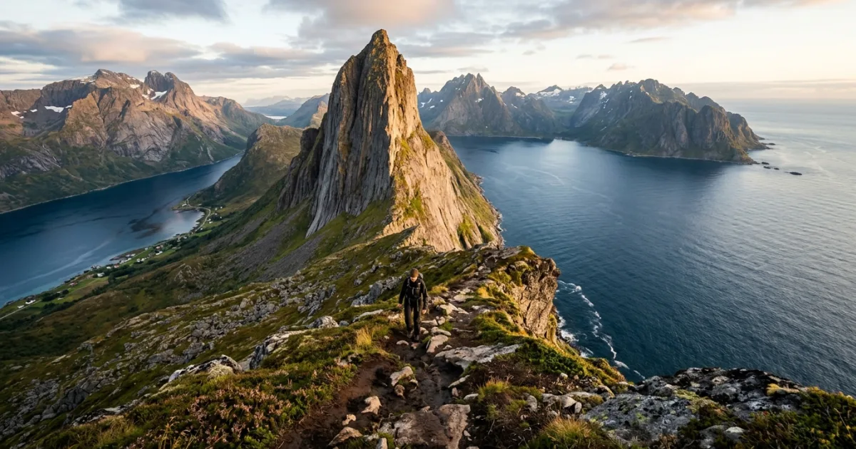 Panoramic view of Mount Segla and rugged coastal fjords on Senja island, Norway