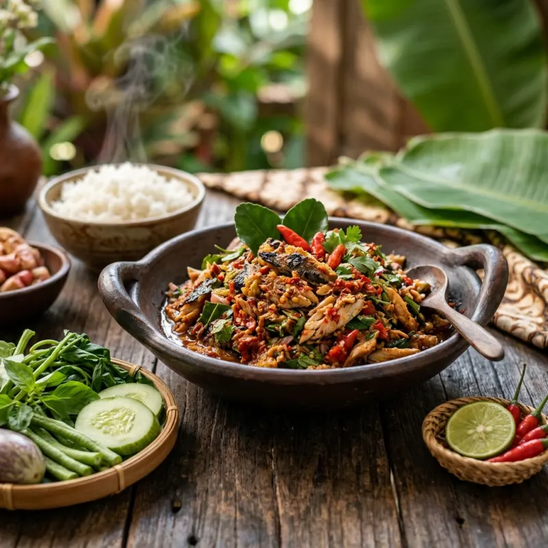 Seruit traditional grilled fish dish from Bandar Lampung with tempoyak sambal and herbs