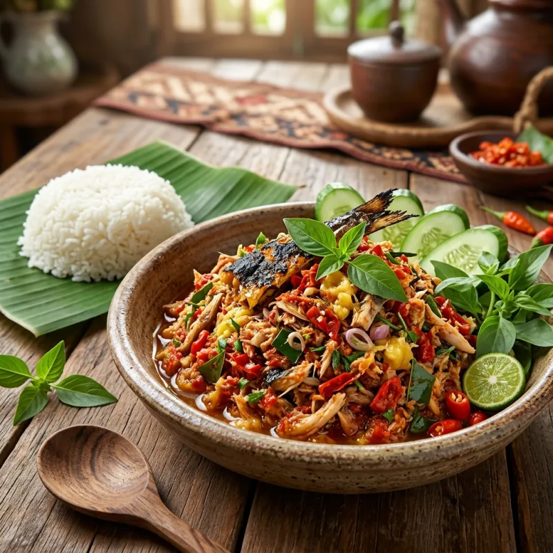 Authentic Seruit dish with grilled fish, sambal, and fresh greens