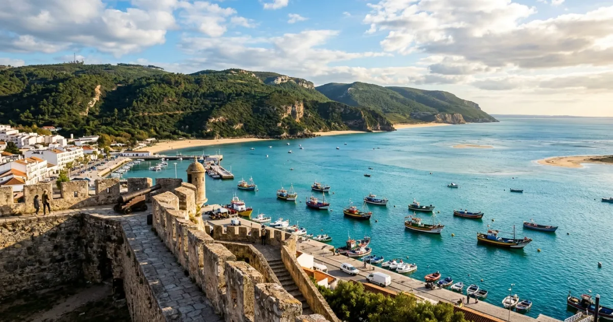 Panoramic scenic view of Setúbal harbor, Sado estuary, and the green Arrábida mountains in Portugal