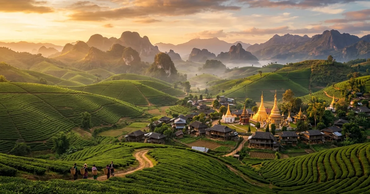 Panoramic view of rolling tea hills and golden pagodas across the Shan Highlands in Myanmar