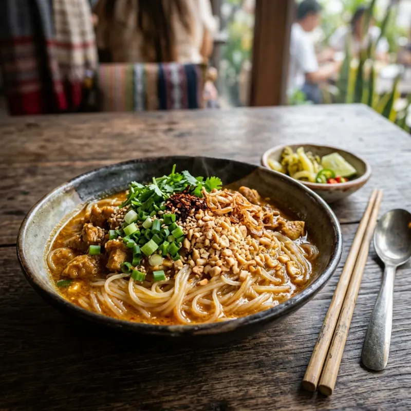 Authentic bowl of Shan Khao Swe noodles topped with peanuts and garlic