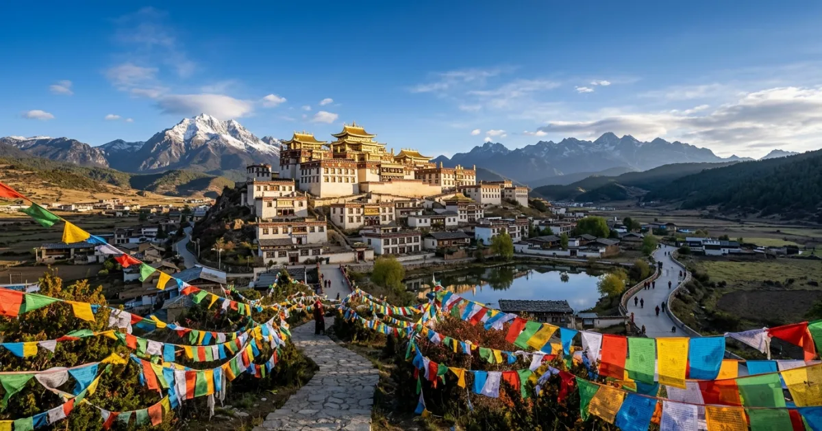 Ganden Sumtseling Monastery surrounded by mountains in Shangri-La Yunnan
