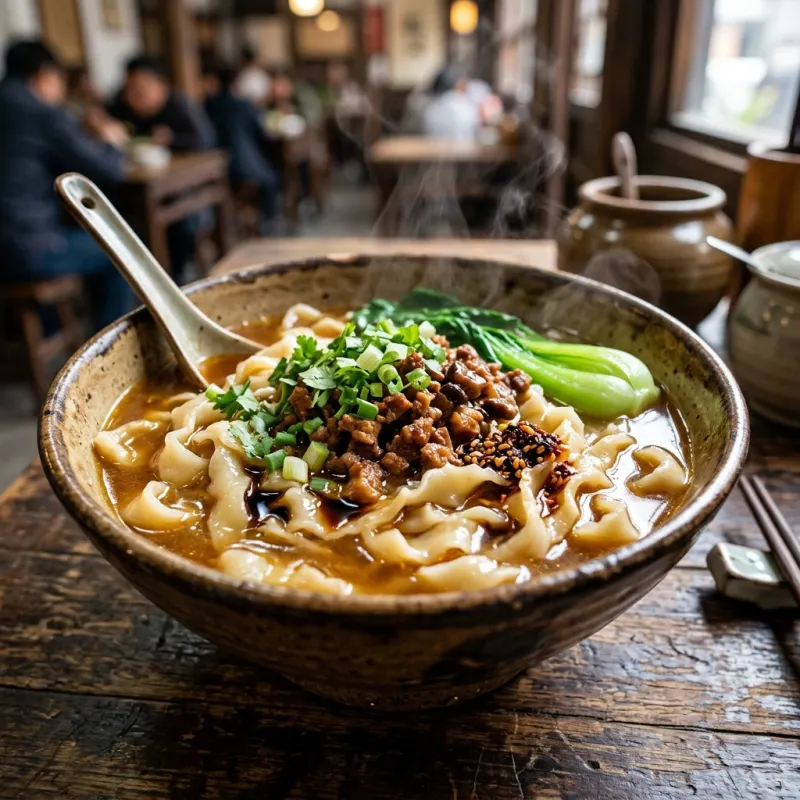 Steaming bowl of traditional Shanxi knife-cut noodles with savory broth and herbs