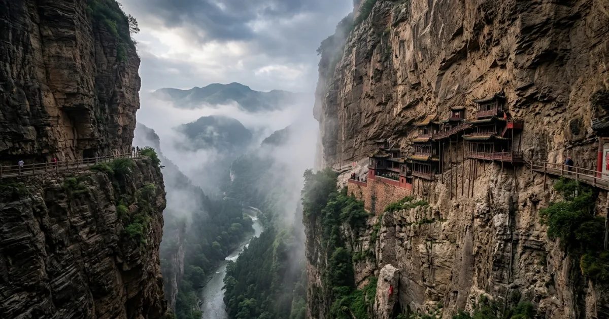 The Hanging Temple clinging to the sheer cliff of Mount Heng in Shanxi China