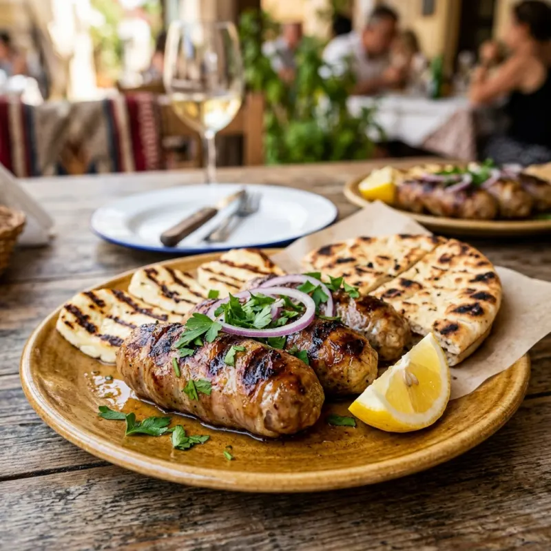 Authentic grilled Cypriot sheftalia sausages served with flatbread and lemon