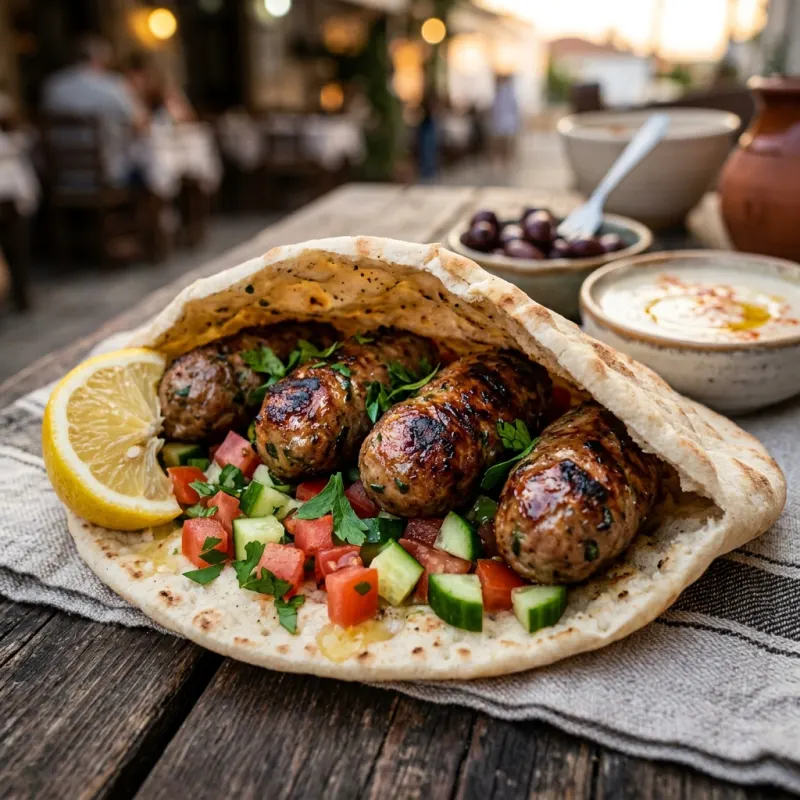 Freshly grilled Cypriot sheftalia served in warm pita with fresh salad and lemon
