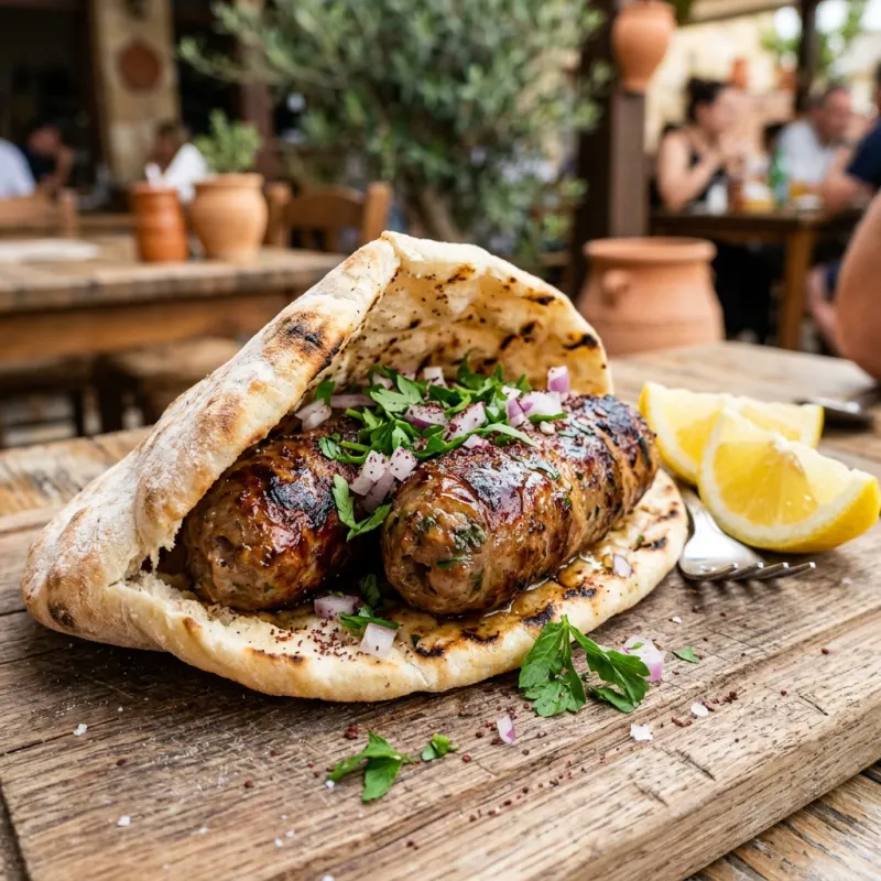Freshly grilled Cypriot sheftalia sausages served in warm pita with lemon and parsley