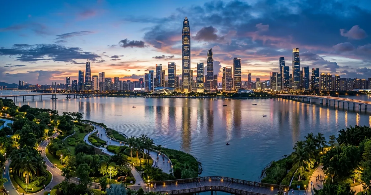 Panoramic twilight skyline of Shenzhen with modern skyscrapers and bay reflection
