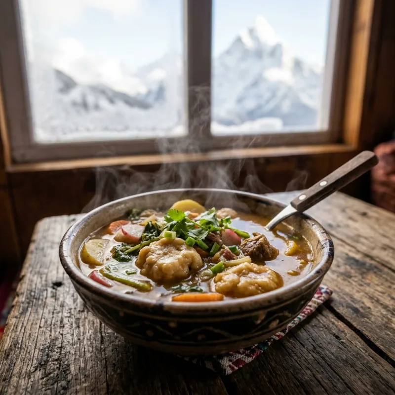 Steaming bowl of traditional Sherpa stew Shyakpa on a wooden table in high altitude Nepal