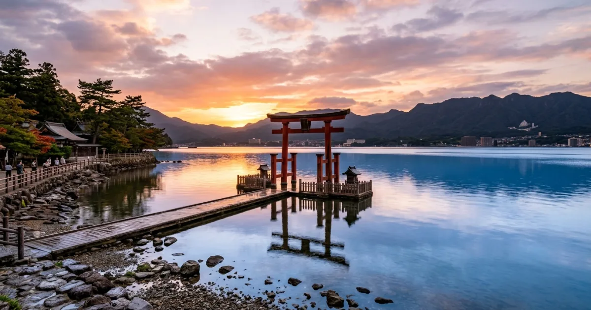 Floating red torii gate of Shirahige Shrine on Lake Biwa in Shiga Prefecture at sunset