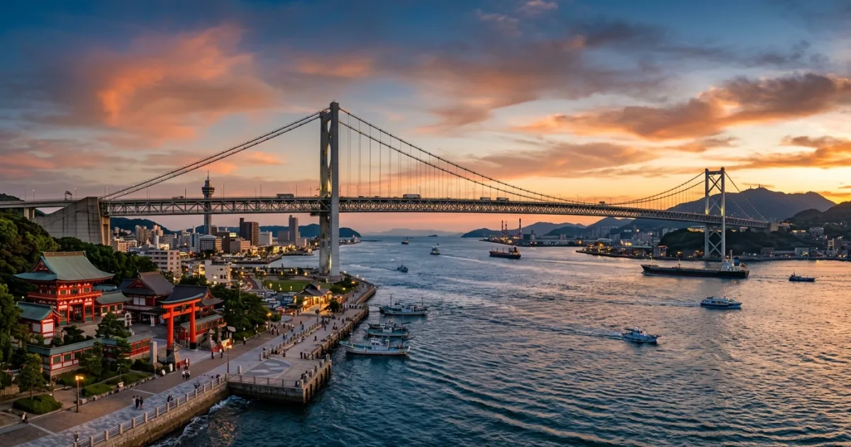 Travel Guides 8 Panoramic view of Kanmon Bridge and coastal Shimonoseki harbor in Yamaguchi Prefecture