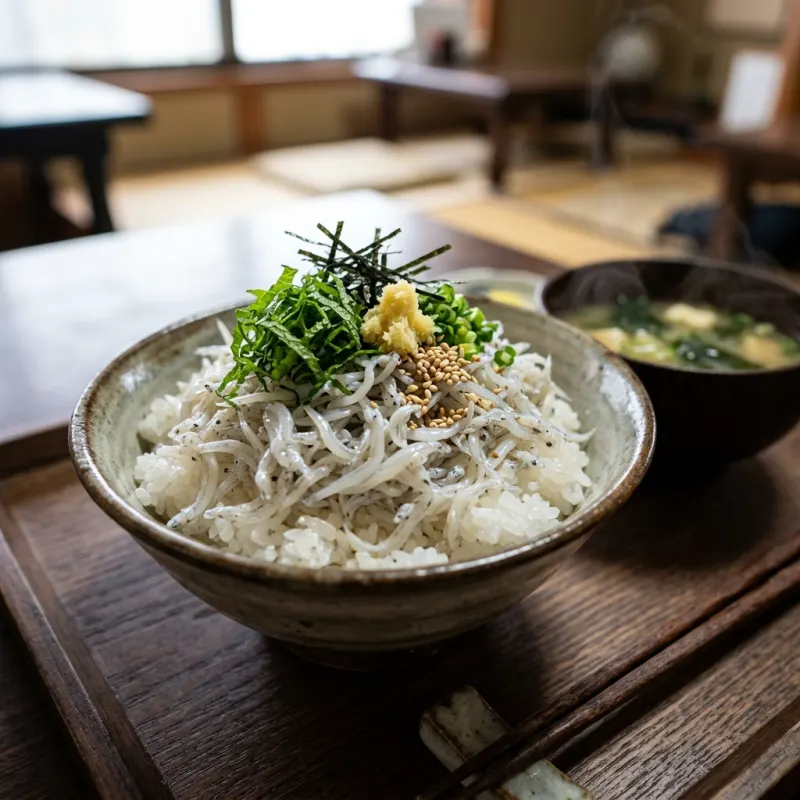 Authentic Japanese Shirasu-don whitebait rice bowl in a ceramic bowl