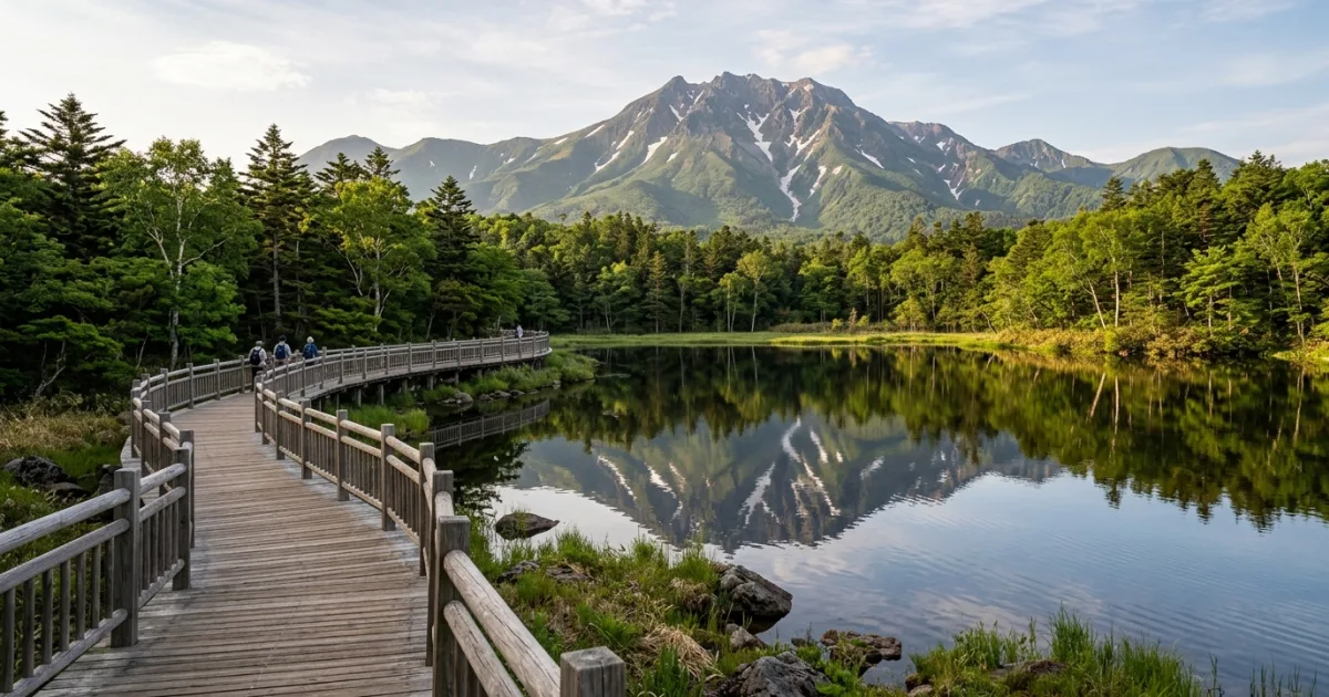 Scenic view of Shiretoko Five Lakes reflecting Mount Rausu and primeval forests in Hokkaido, Japan