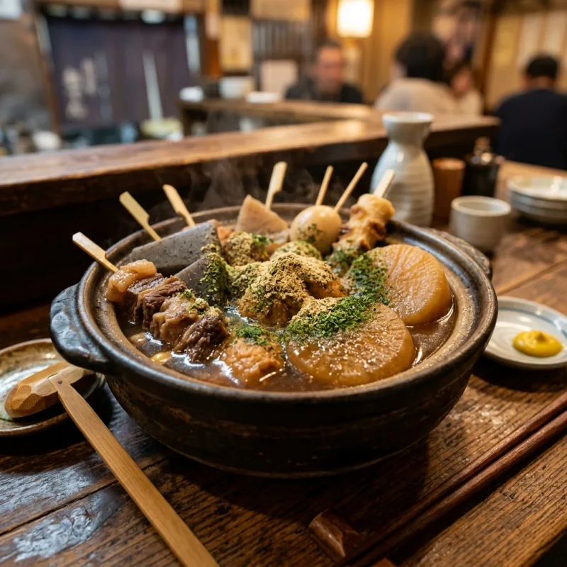 Bowl of Shizuoka Oden skewers with dark broth and fish flake garnish