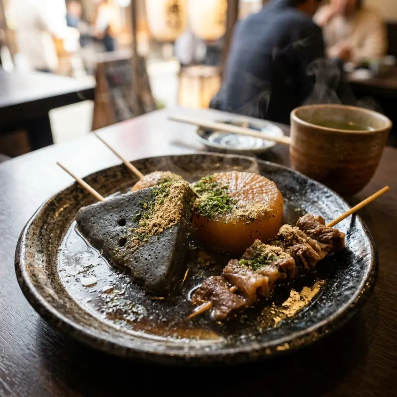 Authentic Shizuoka Oden skewers dusted with fish powder in dark broth