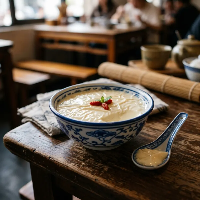 Shunde double-skin milk served in a blue-and-white porcelain bowl