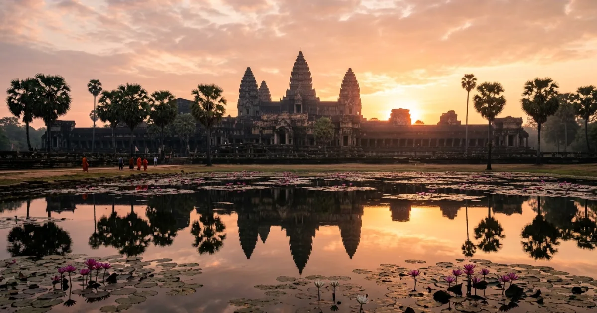 Sunrise reflection of Angkor Wat temple towers in a lily pond in Siem Reap, Cambodia