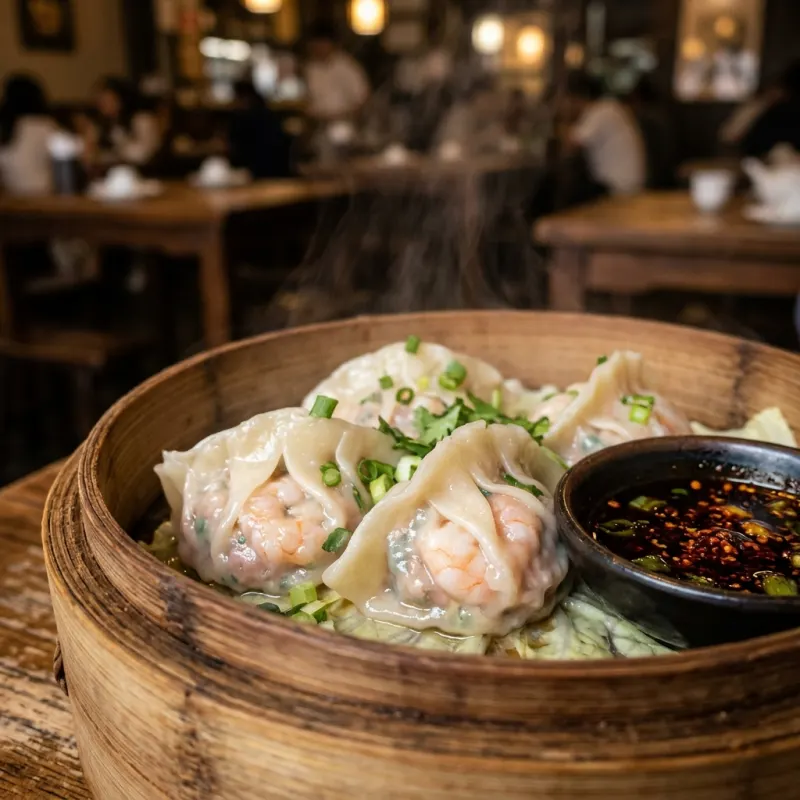 Steamed Sihai dumplings served in a bamboo steamer with vinegar dipping sauce