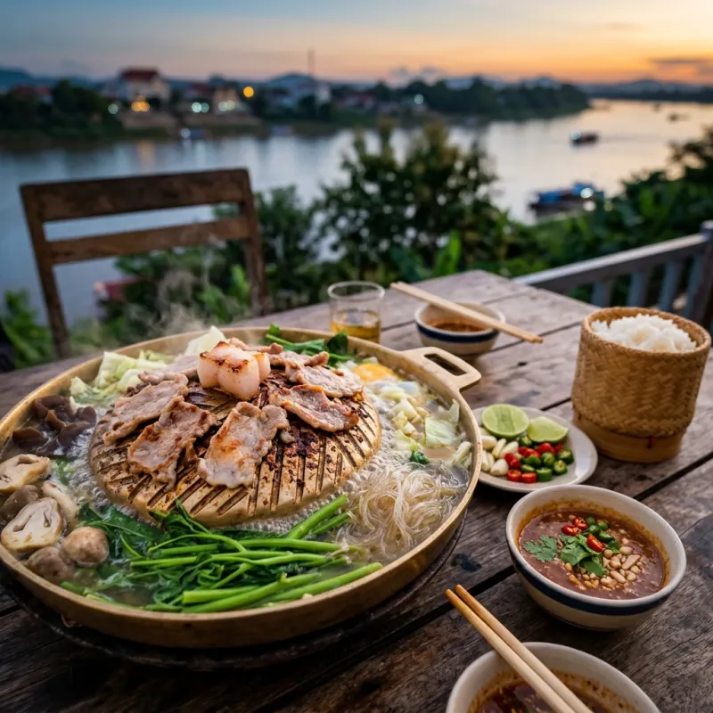 Lao Sindad barbecue hotpot sizzling over charcoal with broth and greens