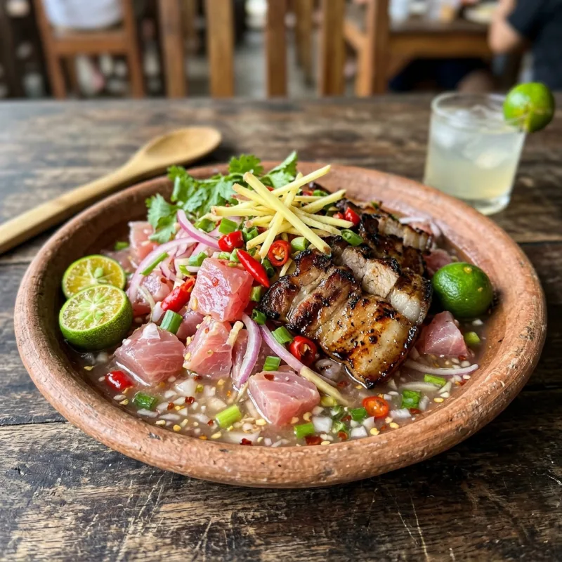 Fresh Filipino sinuglaw featuring cured raw fish and grilled pork belly garnished with chilies