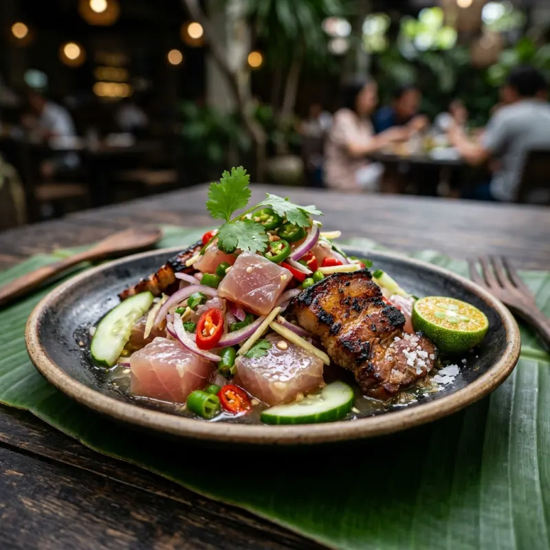 Authentic Filipino Sinuglaw dish made of fresh raw tuna and grilled pork belly