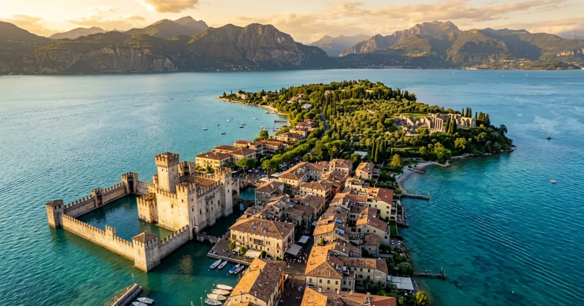 Aerial view of Sirmione peninsula and Scaligero Castle on Lake Garda