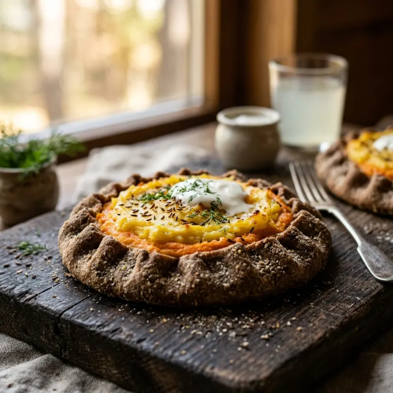 Traditional Latvian Sklandrausis pastries with rye crust and carrot-potato filling