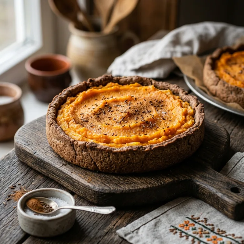 Freshly baked Sklandrausis tarts on a rustic wooden board in Kuldiga