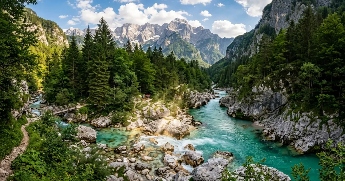 Wide-angle view of the emerald green Soca River running through a limestone canyon in the Julian Alps, Slovenia