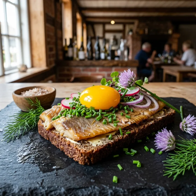 Sol over Gudhjem traditional smoked herring smørrebrød on dark rye bread