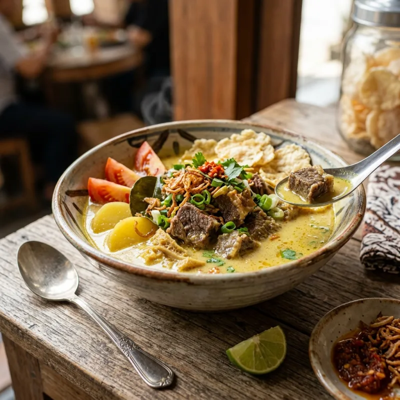 Authentic bowl of Jakarta Soto Betawi beef soup in creamy coconut broth